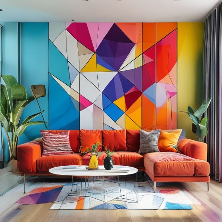 Geometric Wall Designs Transform Living Room Spaces, editorial magazine photography, vibrant professional quality, no text, no watermarks