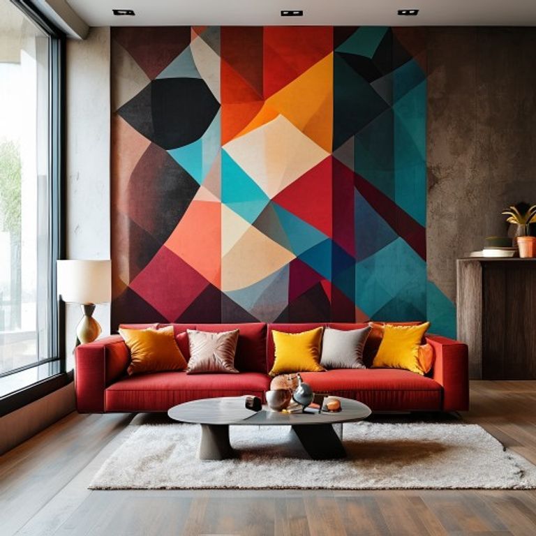 Geometric Wall Designs Transform Living Room Spaces, cinematic documentary photography, rich colours, sharp focus, no text, no watermarks