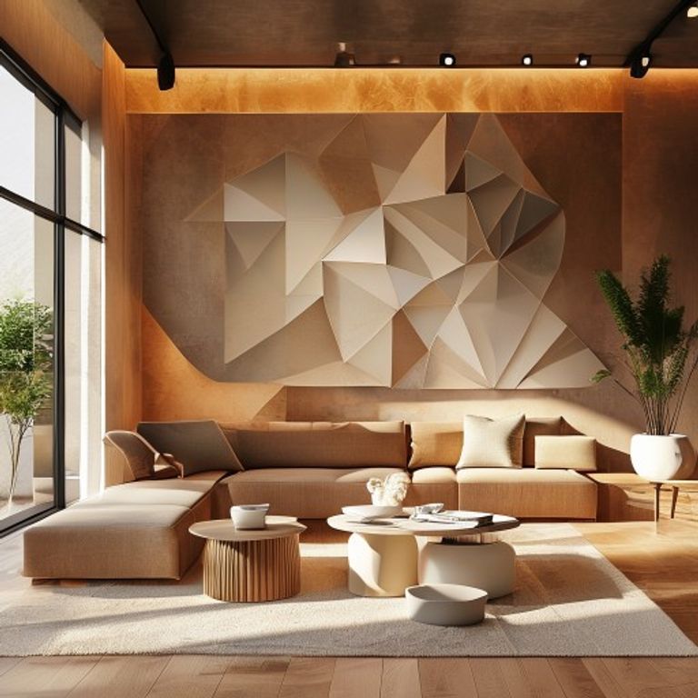 Geometric Wall Designs Transform Living Room Spaces, lifestyle editorial photo, warm natural lighting, high resolution, no text, no watermarks